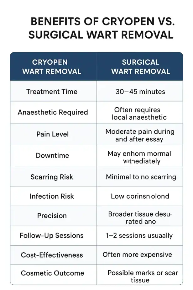 Table showing the benefits of cryopen to remove warts Golders Green compared to surgical treatment